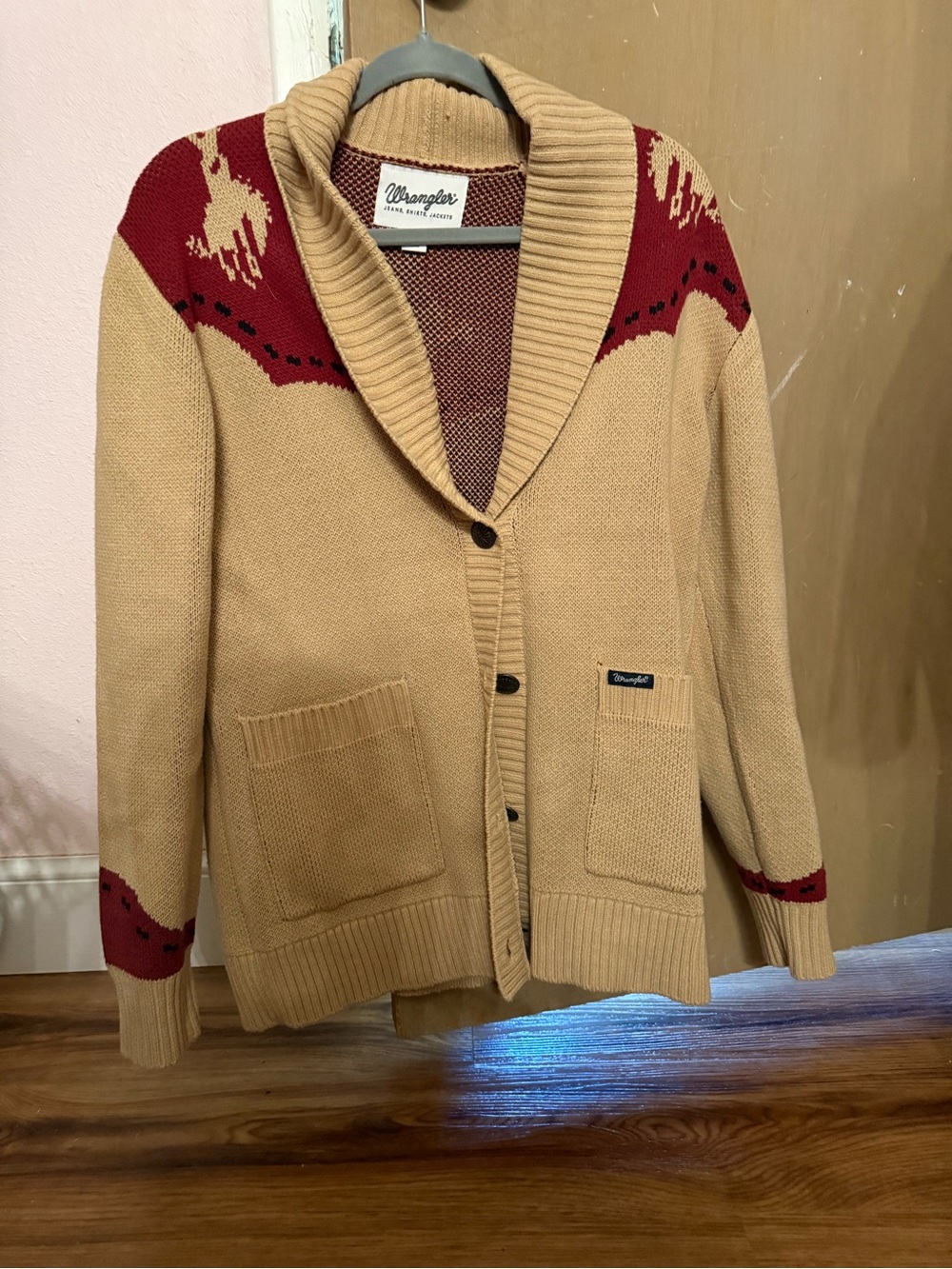 Wrangler Tan Shawl Collar Cardigan with Red Yoke
